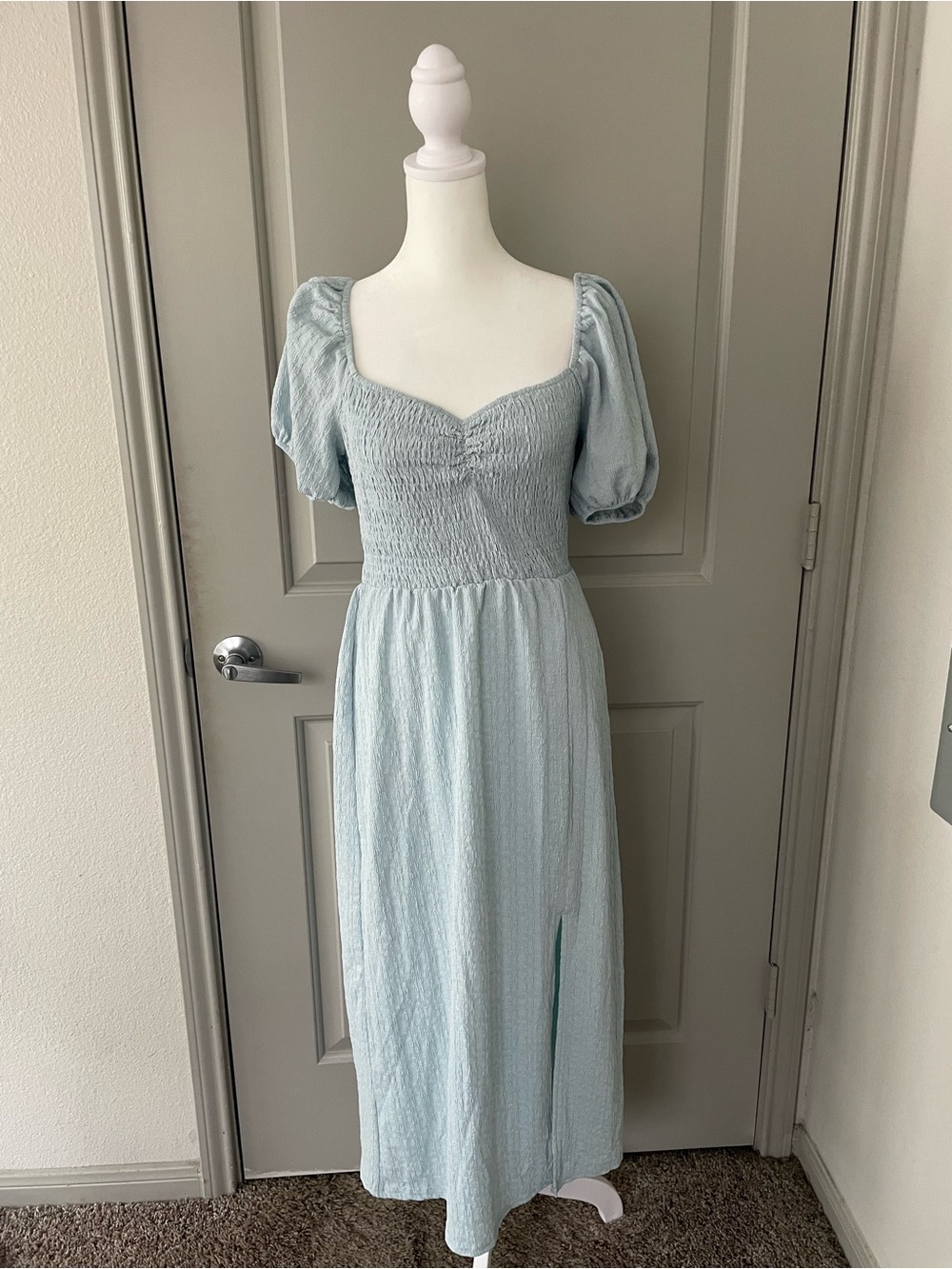 Smocked Puff Sleeve Midi Dress in Light Blue